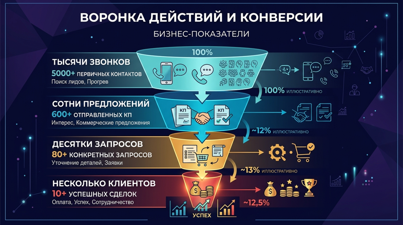 Воронка продаж в логистике: тысячи звонков, сотни расчётов, десятки запросов, единицы клиентов