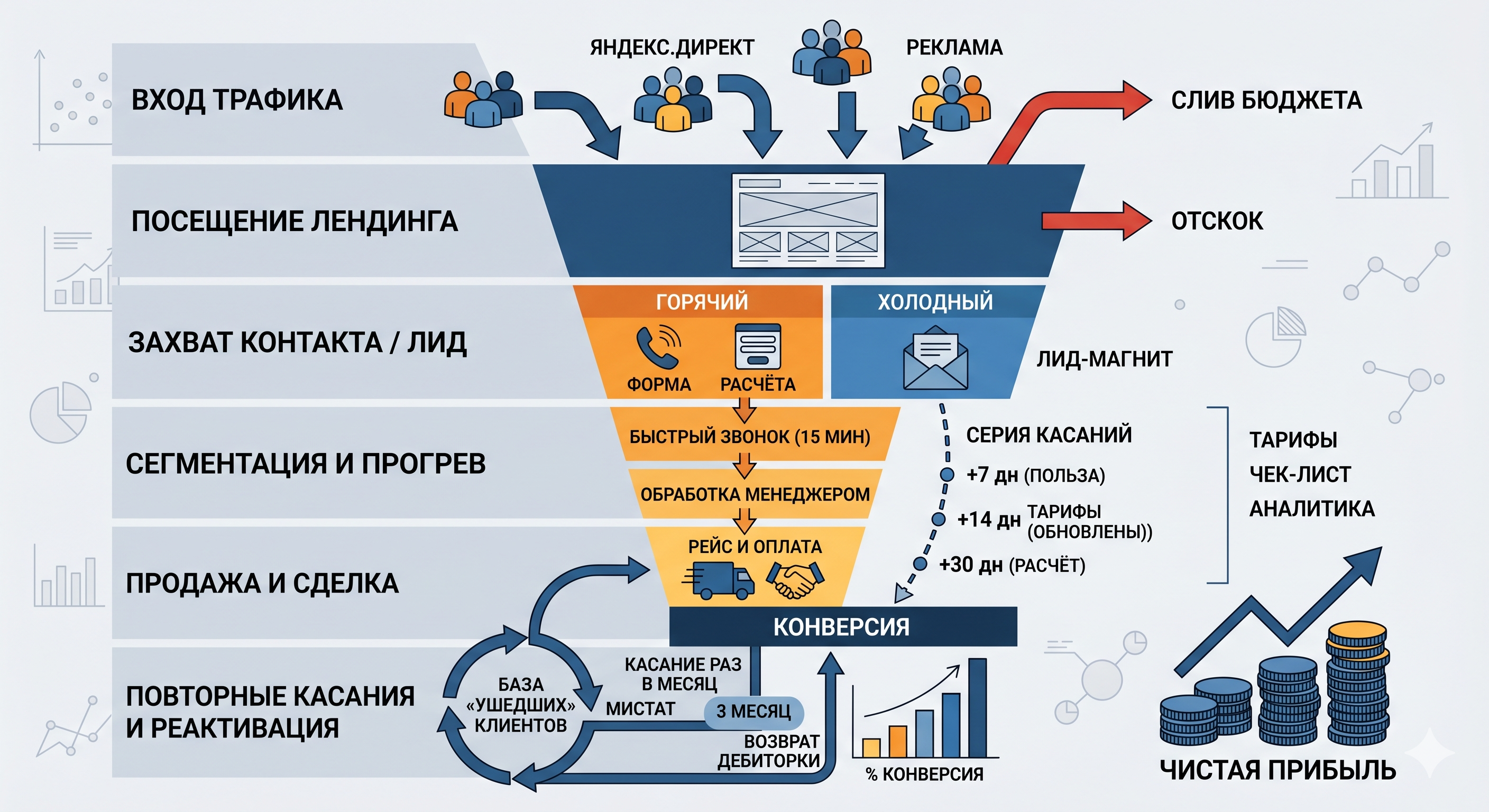 Схема эффективной воронки продаж в грузоперевозках: сегментация горячих и холодных лидов, этапы прогрева и цикл реактивации клиентской базы.
