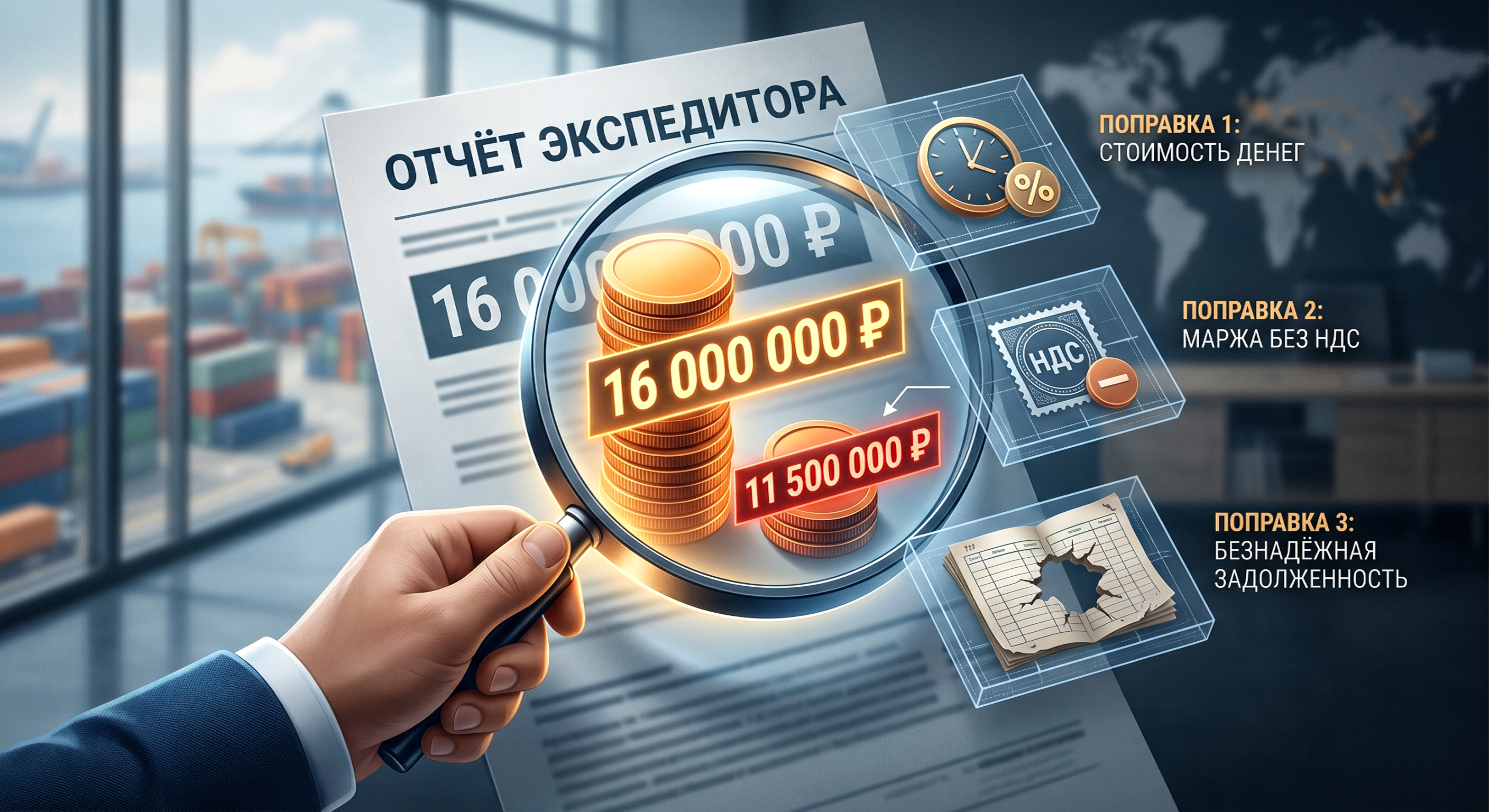Иллюстрация процесса анализа маржи экспедитора: рука с лупой над финансовым отчетом показывает разницу между номинальной и реальной прибылью с учетом скрытых расходов в логистике.